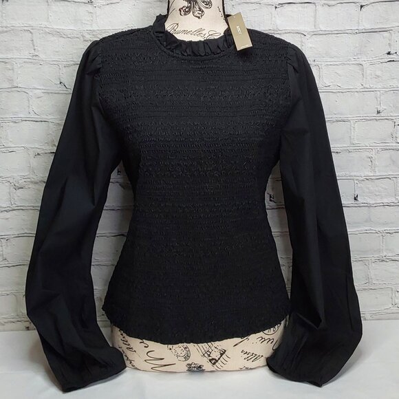 'J.CREW' 'MELANIE' ONYX SMOCKED PUFF-SLEEVE TOP - Picture 1 of 16